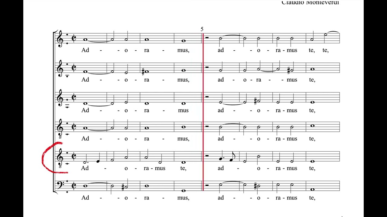 Monteverdi - Adoramus te - Tenor 2 hervorgehoben
