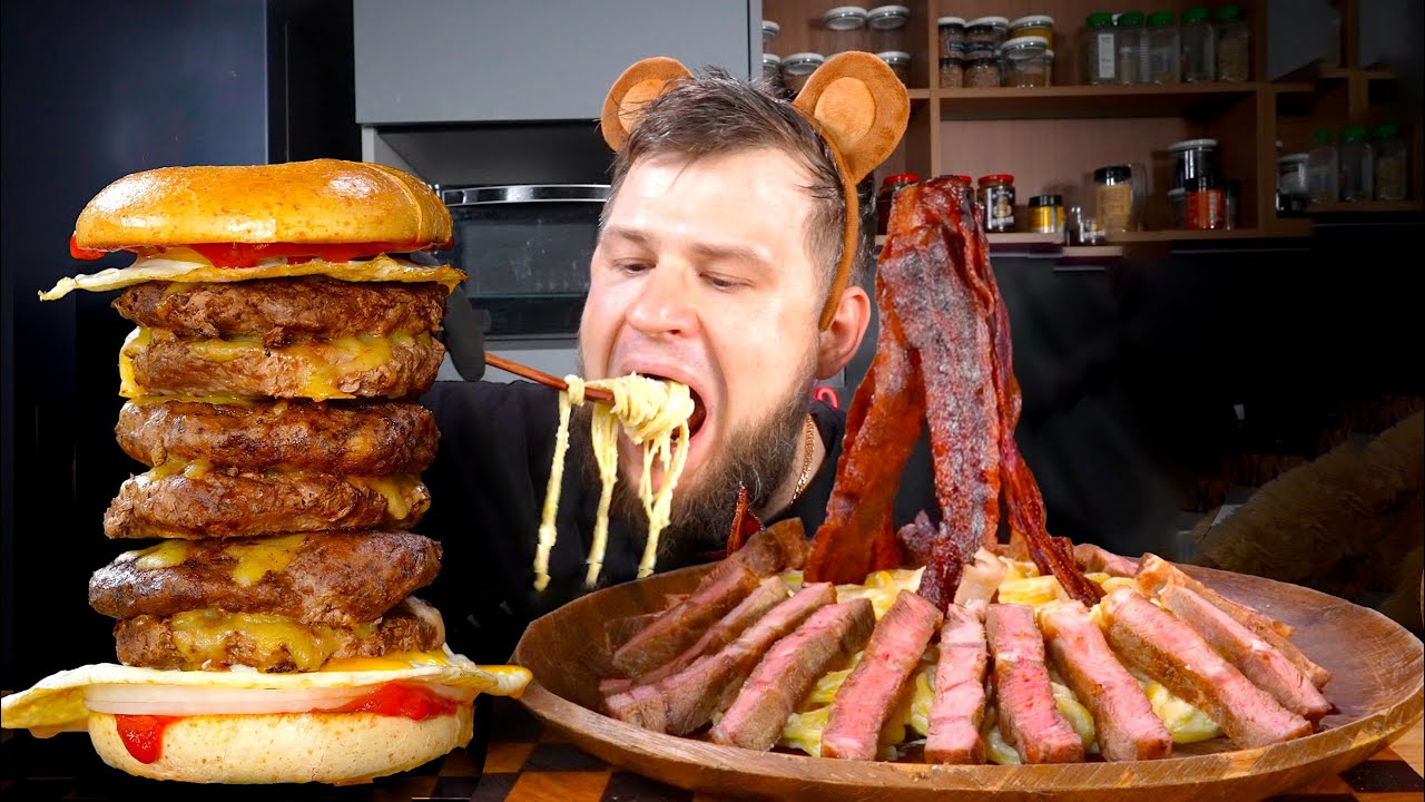 MEGA BURGER TOWER, CREAMY SPAGHETTI WITH STEAK, ASMR MUKBANG, АСМР МУКБАНГ, 먹방, 大食い, たべる, 谢尔盖