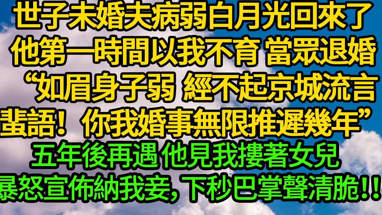 世子未婚夫病弱白月光回來了，他第一時間以我不育 當眾退婚“如眉身子弱 經不起京城流言蜚語！你我婚事推遲幾年”五年後再遇 他見我摟著女兒 暴怒宣佈納我妾，下秒巴掌聲清脆