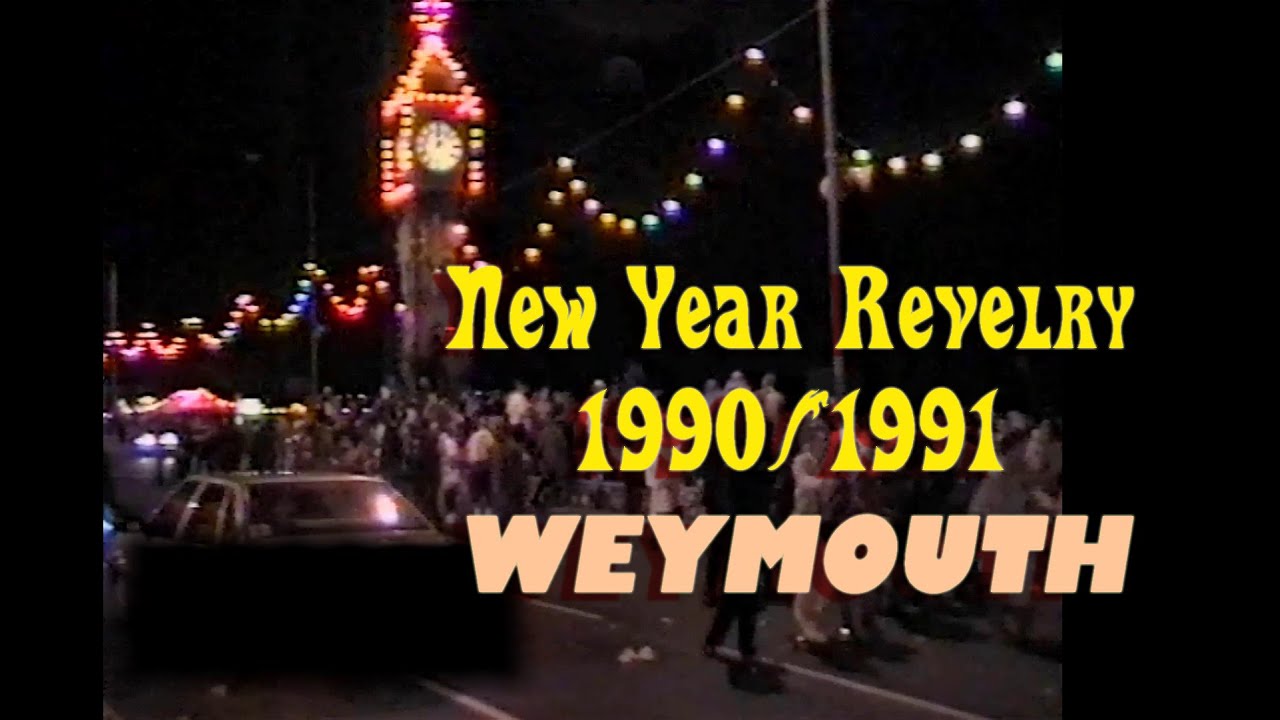 Happy Revellers, New Year's Eve 1990, Weymouth. Traditional fun at the Jubilee Clock! Esplanade.