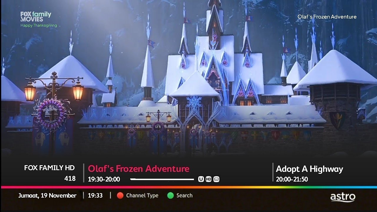 Fox Family Movies Screen Bug (Happy Thanksgiving) with Olaf's Frozen Adventure Intro (Astro Tabs)