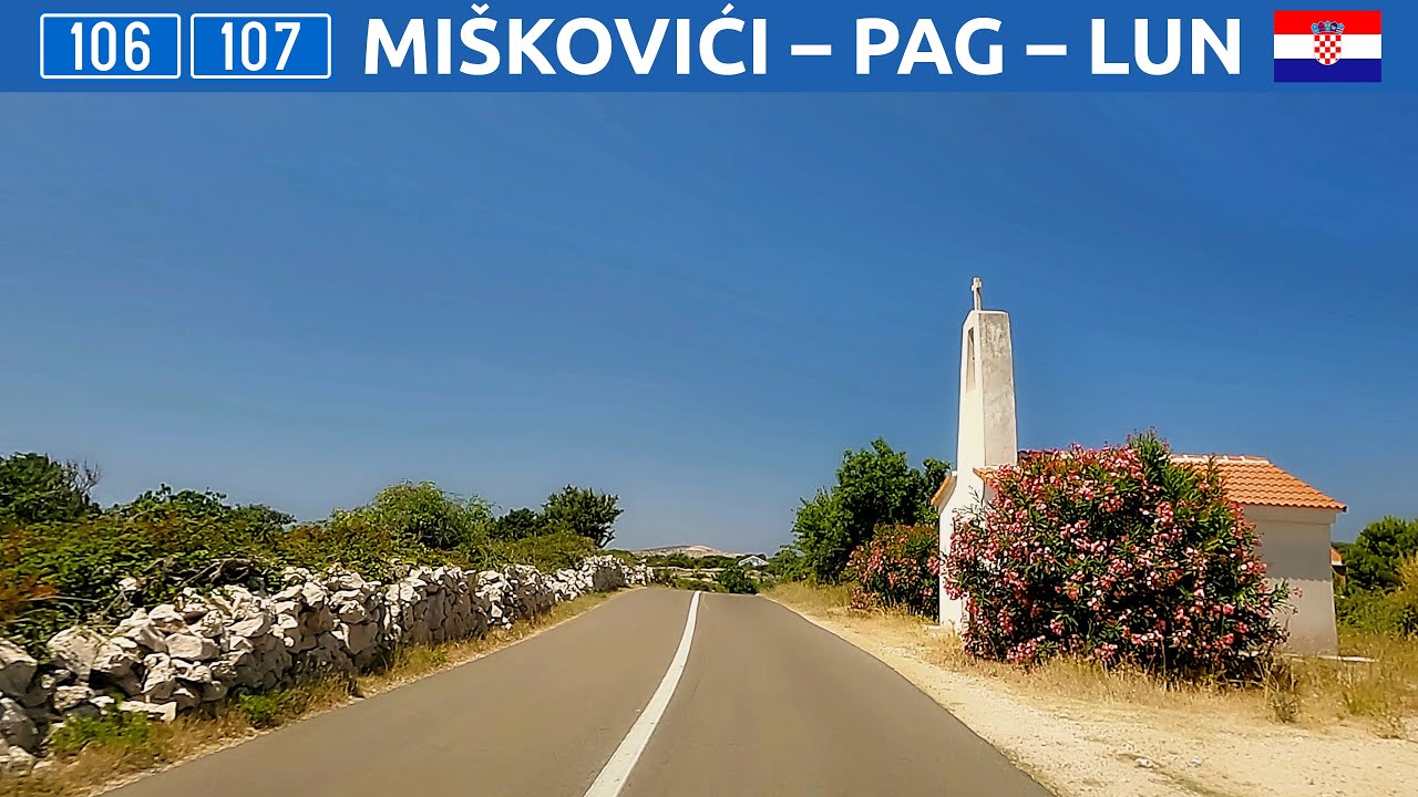 Driving in Croatia. Road through the island of Pag from south to north in full. 4K