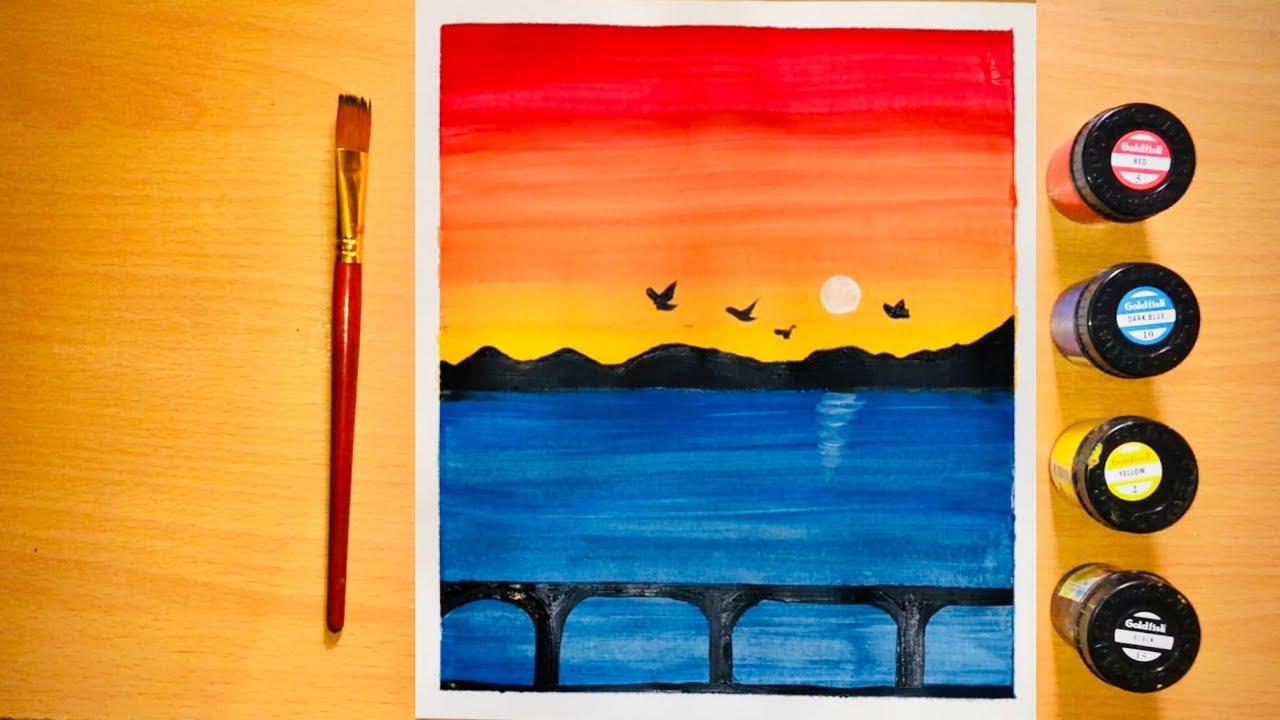 Easy Sunset lake painting | poster colors | acrylic painting tutorials | 