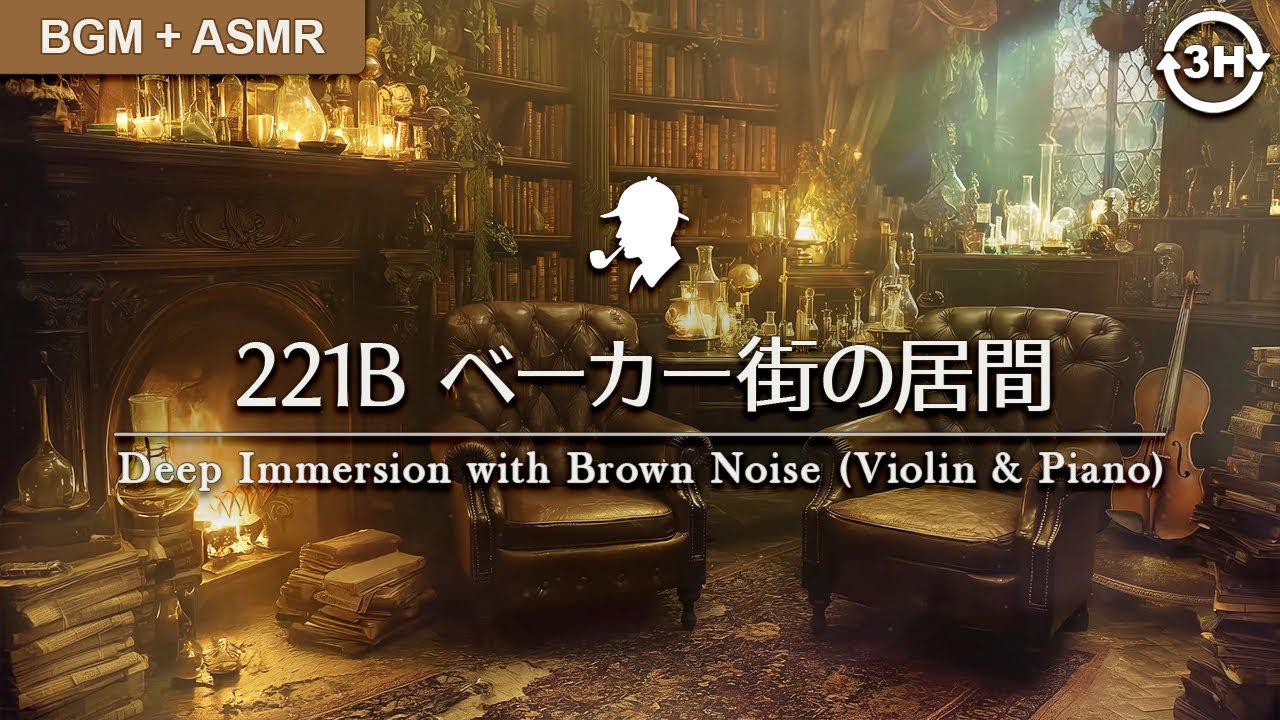 【作業用BGM】221B ベーカー街の居間：暖炉の爆ぜる音とミステリアス・クラシック｜深い没入のためのブラウンノイズ（Violin & Piano / Fireplace）