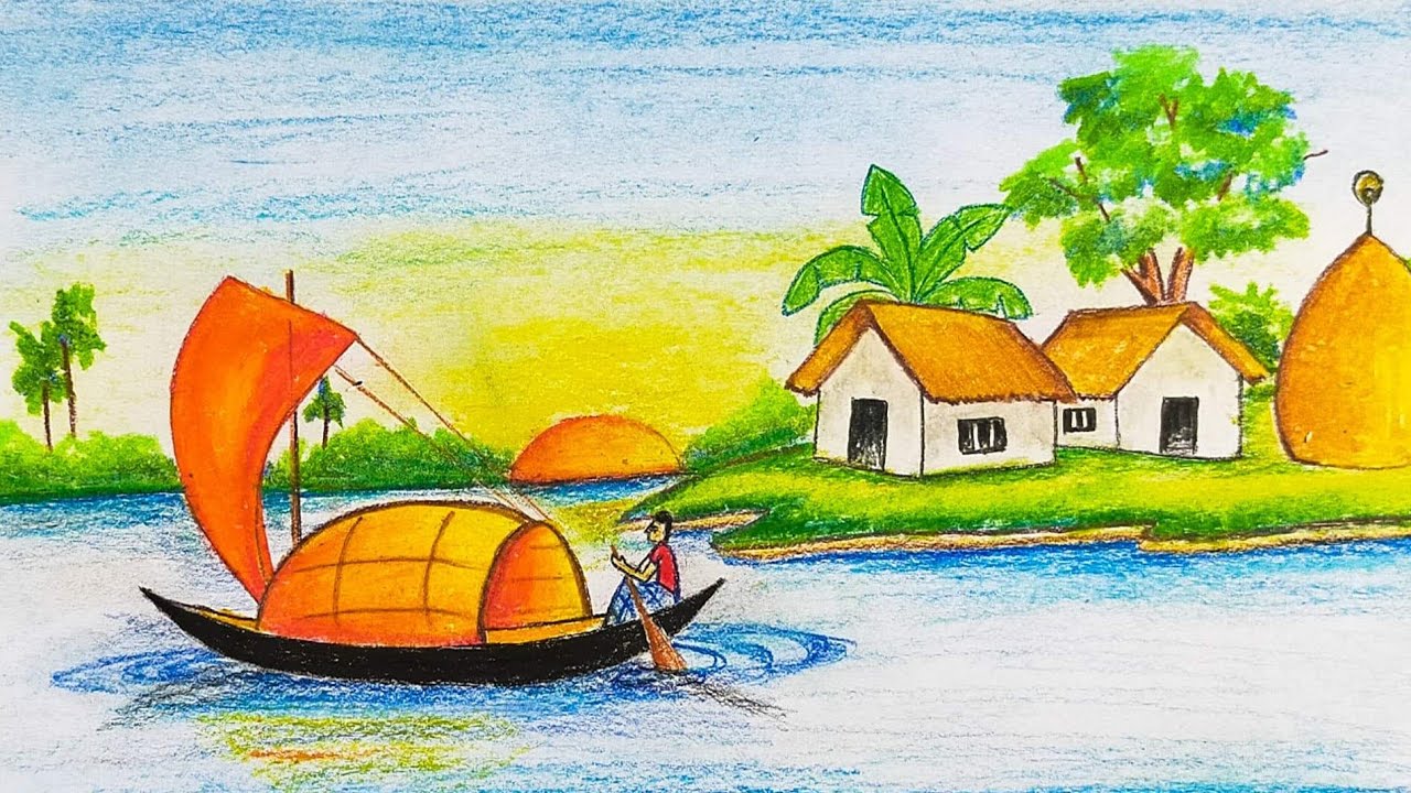 How to draw easy scenery of River side Village.Step by step (easy draw)