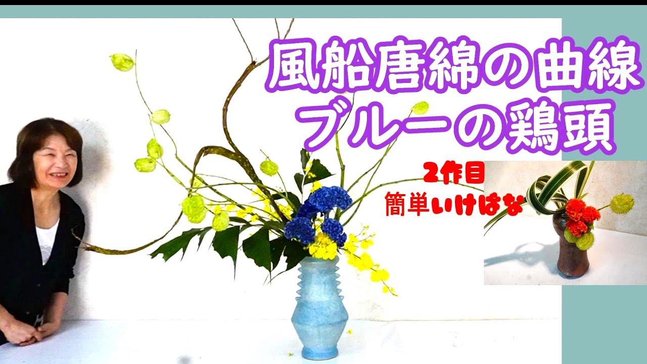 風船唐綿の曲線とブルーの鶏頭_２作目簡単いけばな_Sogetsu Ikebana