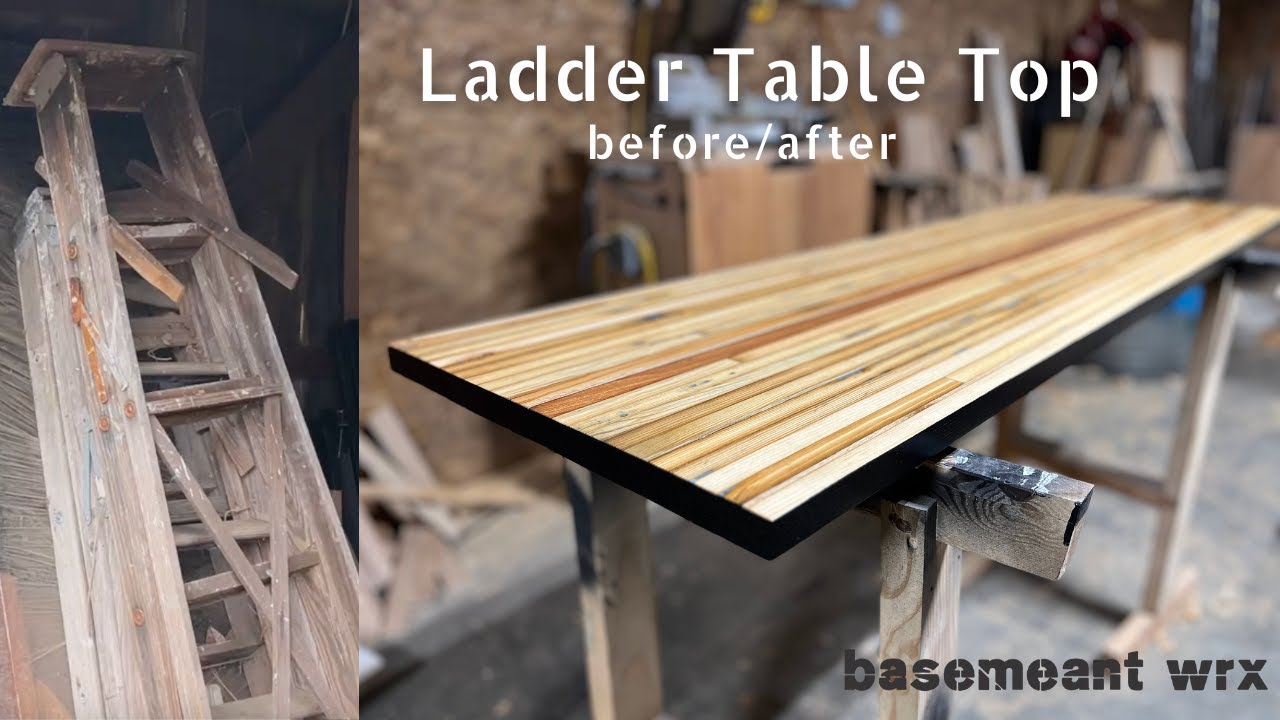 table top made out of old ladders - upcycle woodworking project