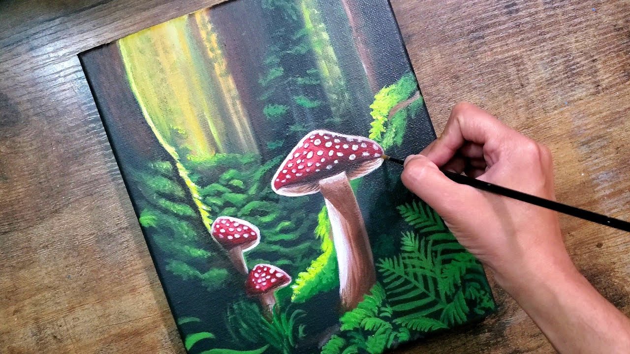 How to Paint Mushrooms in a Greenery Background | Easy Acrylic Painting Tutorial for Beginners