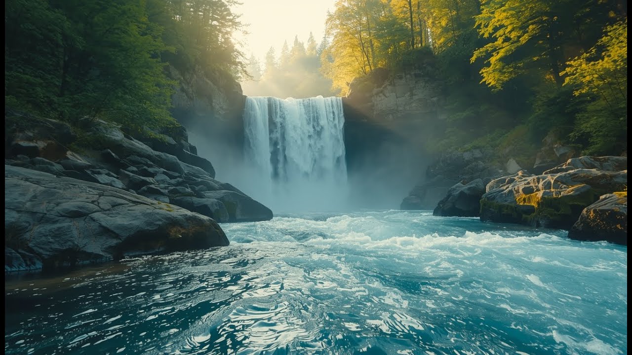 Waterfall Flowing in a Mountain Forest - Waterfall Sounds, Flowing Water. White Noise for Sleep