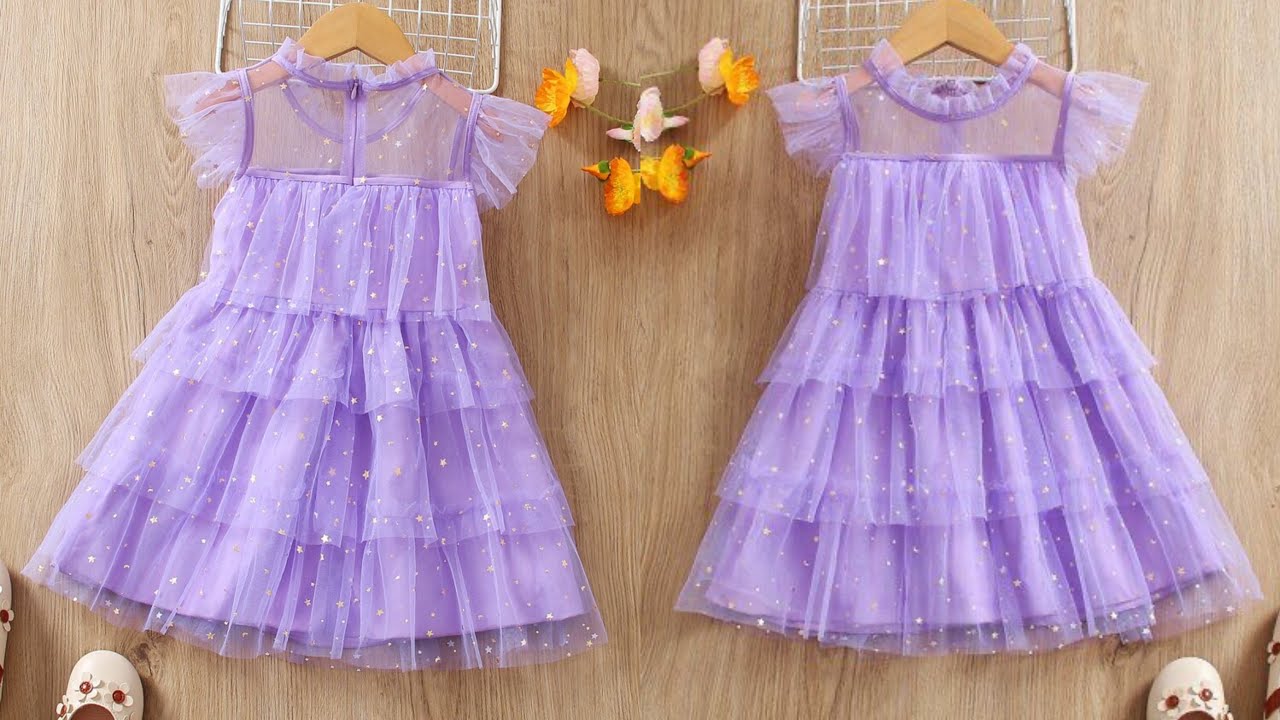 Very Easy A-Line Ruffled Neck Layered Net Baby Frock Cutting and Stitching/Baby Frock Design