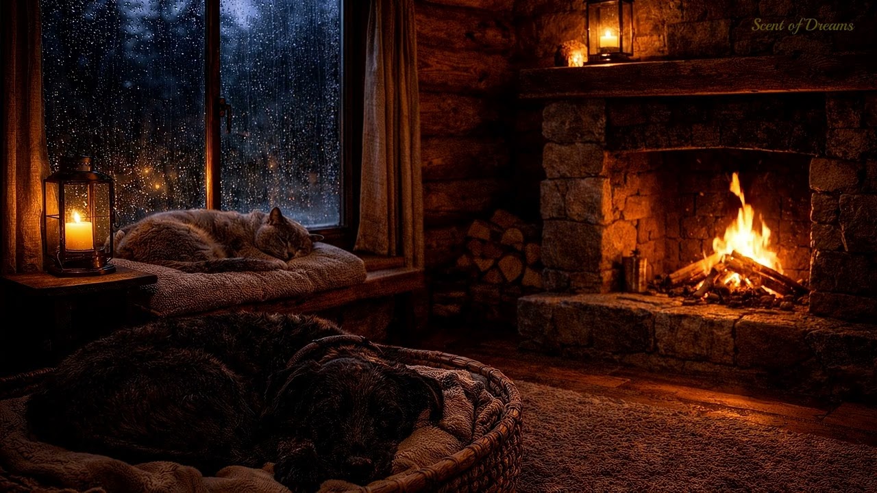 Soft Fireplace & Rain Sounds for Sleep  8 Hours | Cozy Cabin Ambience (Luna & Kira)