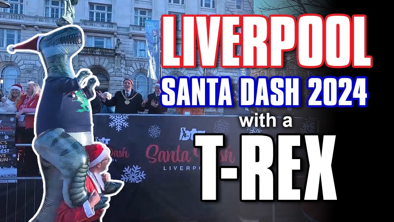 Liverpool Santa Dash 2024 with a 6ft inflatable T Rex dinosaur