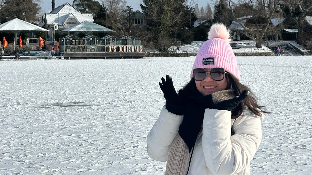 Walking on a frozen river in Vienna, Austria