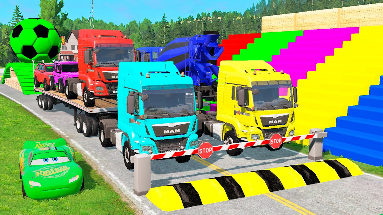 Flatbed Trailer McQueen Transportation with Truck - Speedbumps vs Cars vs Train - BeamNG.Drive #20