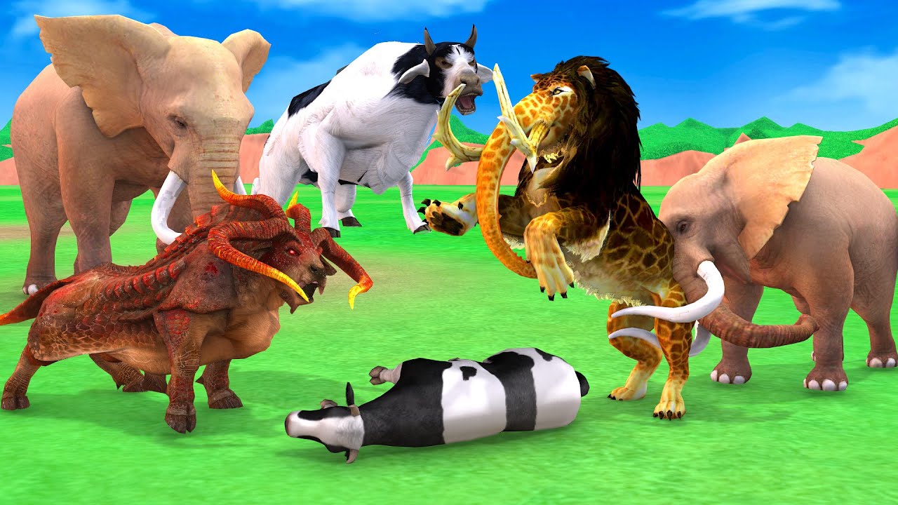 Monster Lion Mammoth Attacks Cow Cartoon Buffalo Saved By Giant Bull, Woolly Mammoth Elephant
