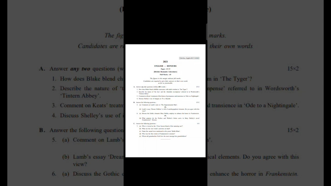 CU 4th Sem English HonoursCC-9 British Romantic Literature 2021 question paper