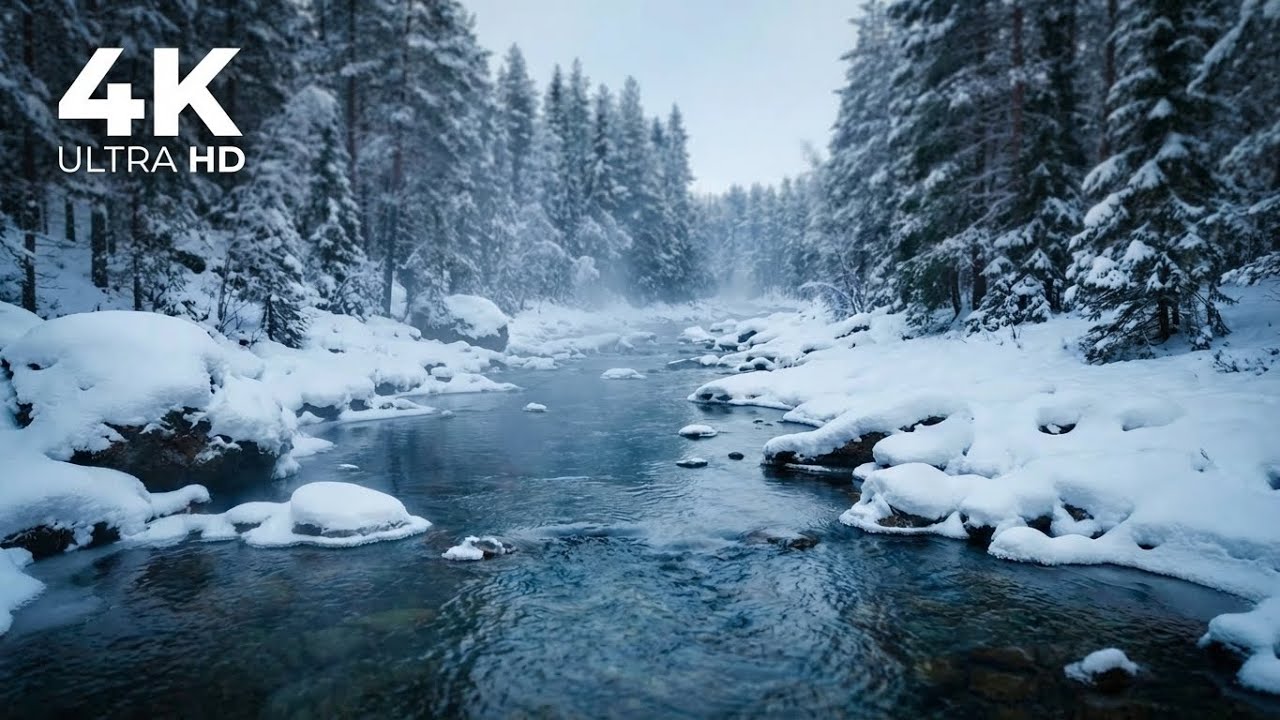 Peaceful Snowy River Flow ❄️ Gentle Piano Jazz  Music for Deep Sleep | 4K Nature Ambience