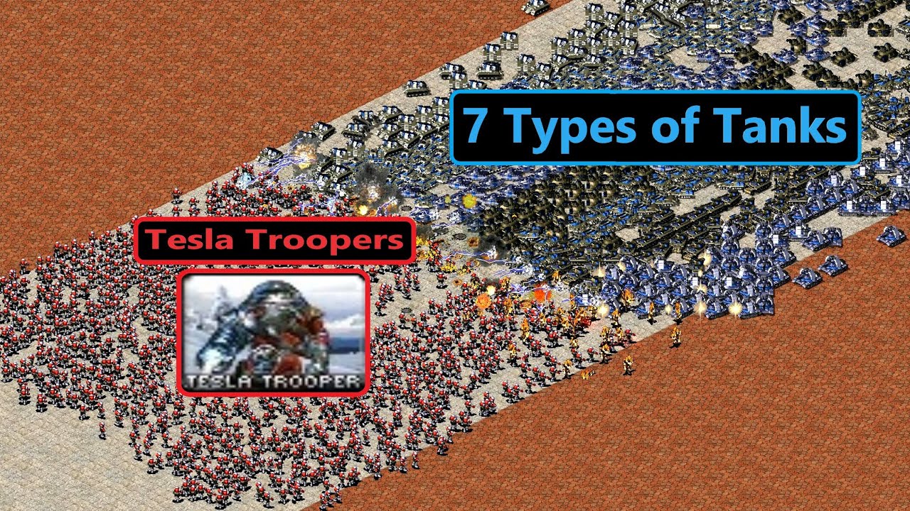 Tesla Troopers vs 7 Types of Tanks - Same Cost - Red Alert 2