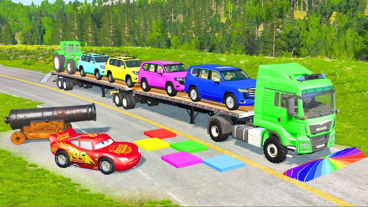Flatbed Truck McQueen | Transportation with Truck - Pothole vs Car #110 | BeamNG.Drive Gameplay
