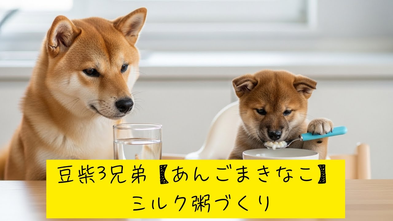 豆柴3兄弟【あんごまきなこ】ミルク粥づくり・Shibainu Trio's Making Milk Porridge
