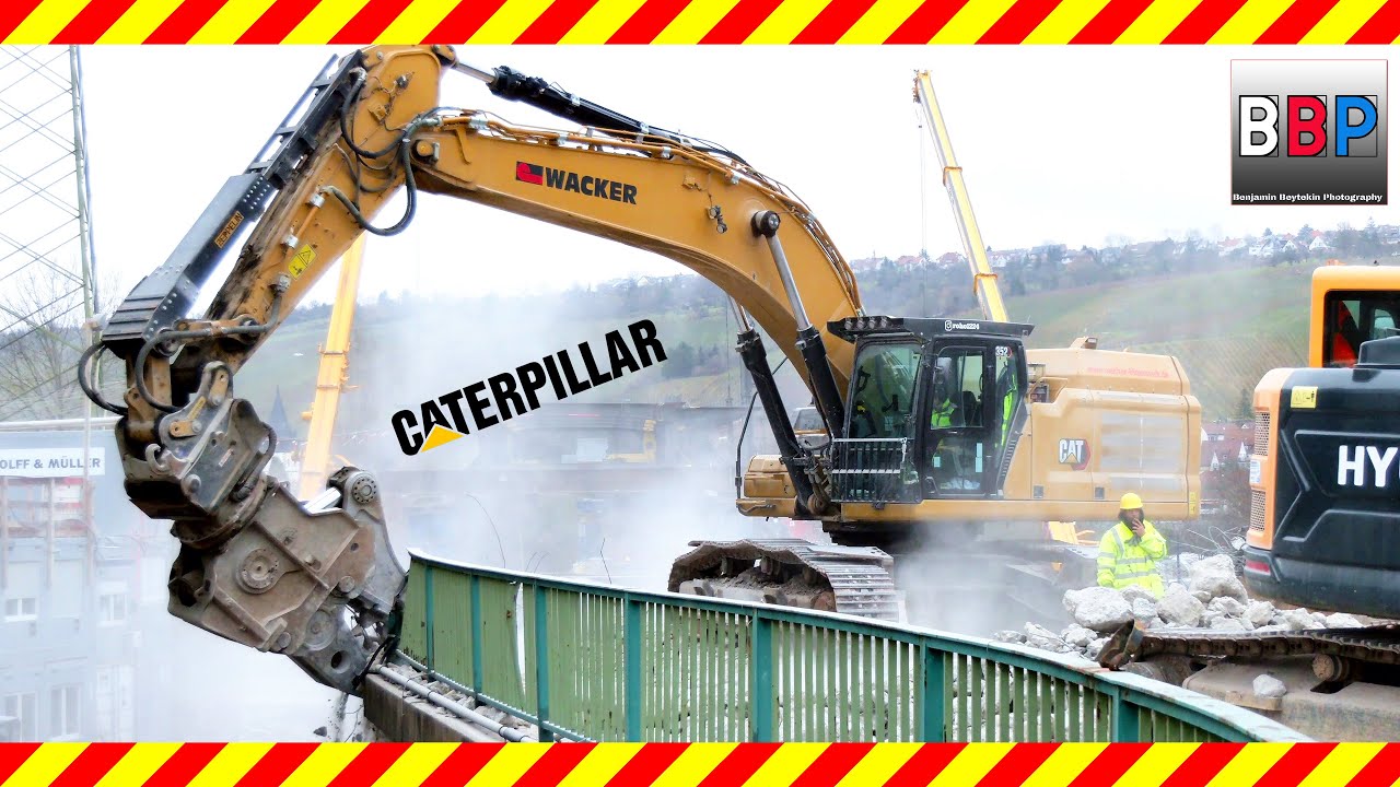Caterpillar 352 Next Generation m. Schere, Meißel, Löffel, Brückenabbruch in Esslingen, 15.12.2021.