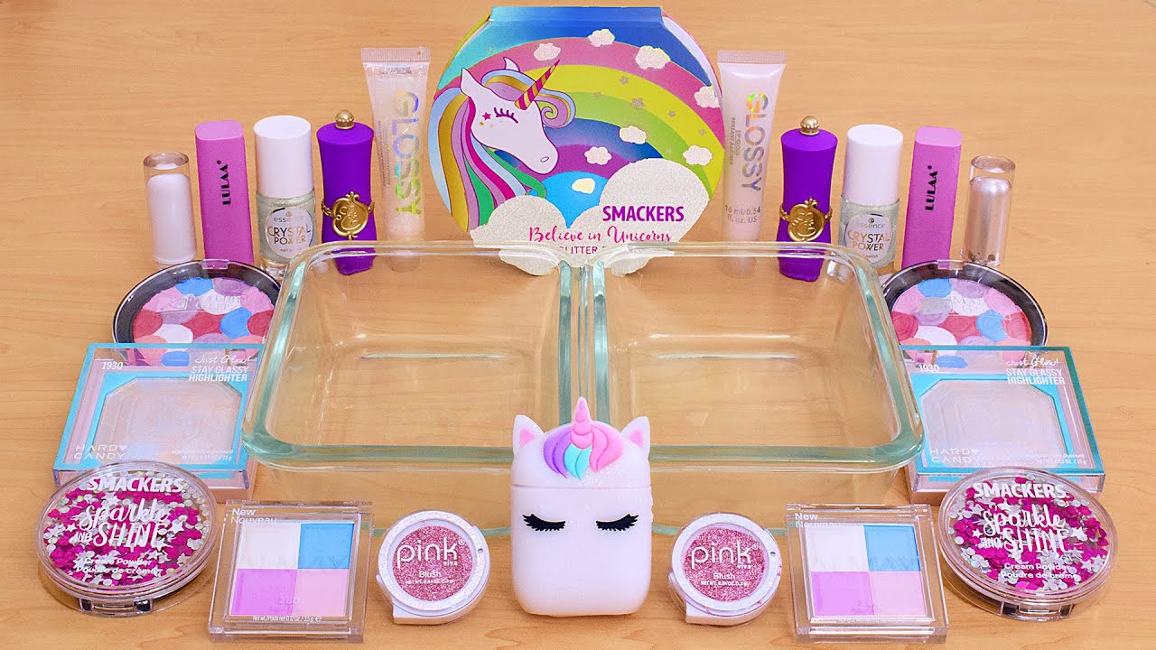 Unicorn Pink Purple Blue vs Shimmering White - Mixing Makeup Eyeshadow Into Slime ASMR