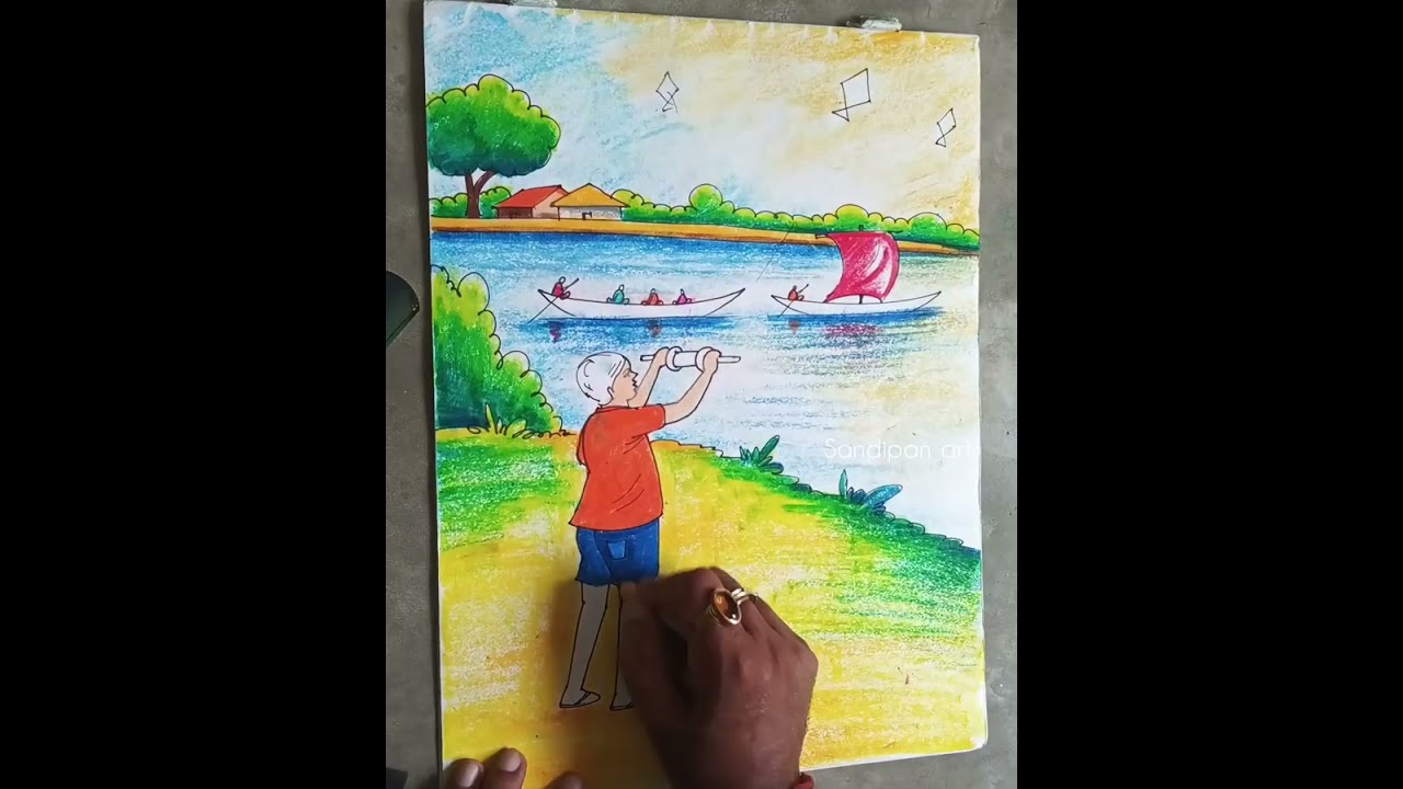 ঘুড়ি ওড়ানোর দৃশ্য কিভাবে আঁকবে/ easy scenery drawing tutorial/ step by step scenery drawing 