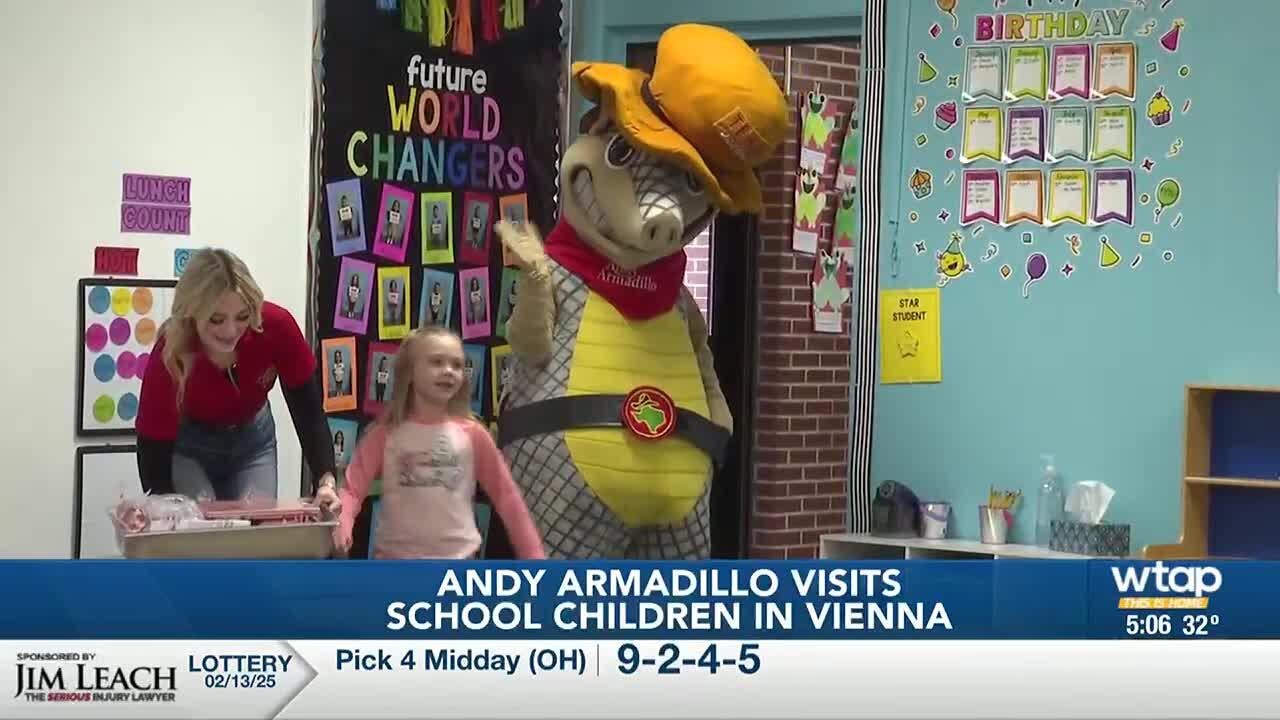 Andy Armadillo reads Valentines themed stories to kids at Vienna Elementary