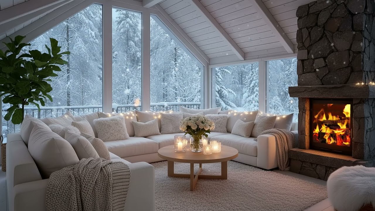 🎶 Cozy Winter Piano | White Flower Lounge & Snow Outside | 3 Hour Relaxing Study, Sleep & Calm Music