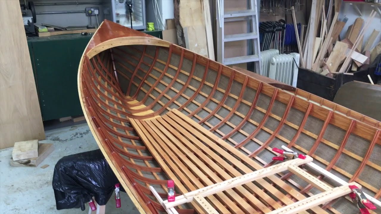 Skinning the frame on an Adirondack Guideboat, using flax and a linseed-oil resin