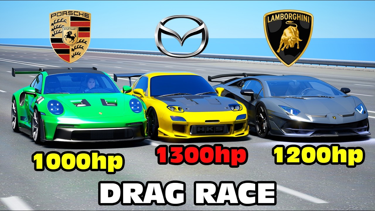 1300-сильная Mazda RX-7 против Porsche 911 GT3 RS против Lamborghini Aventador SVJ DRAG RACE