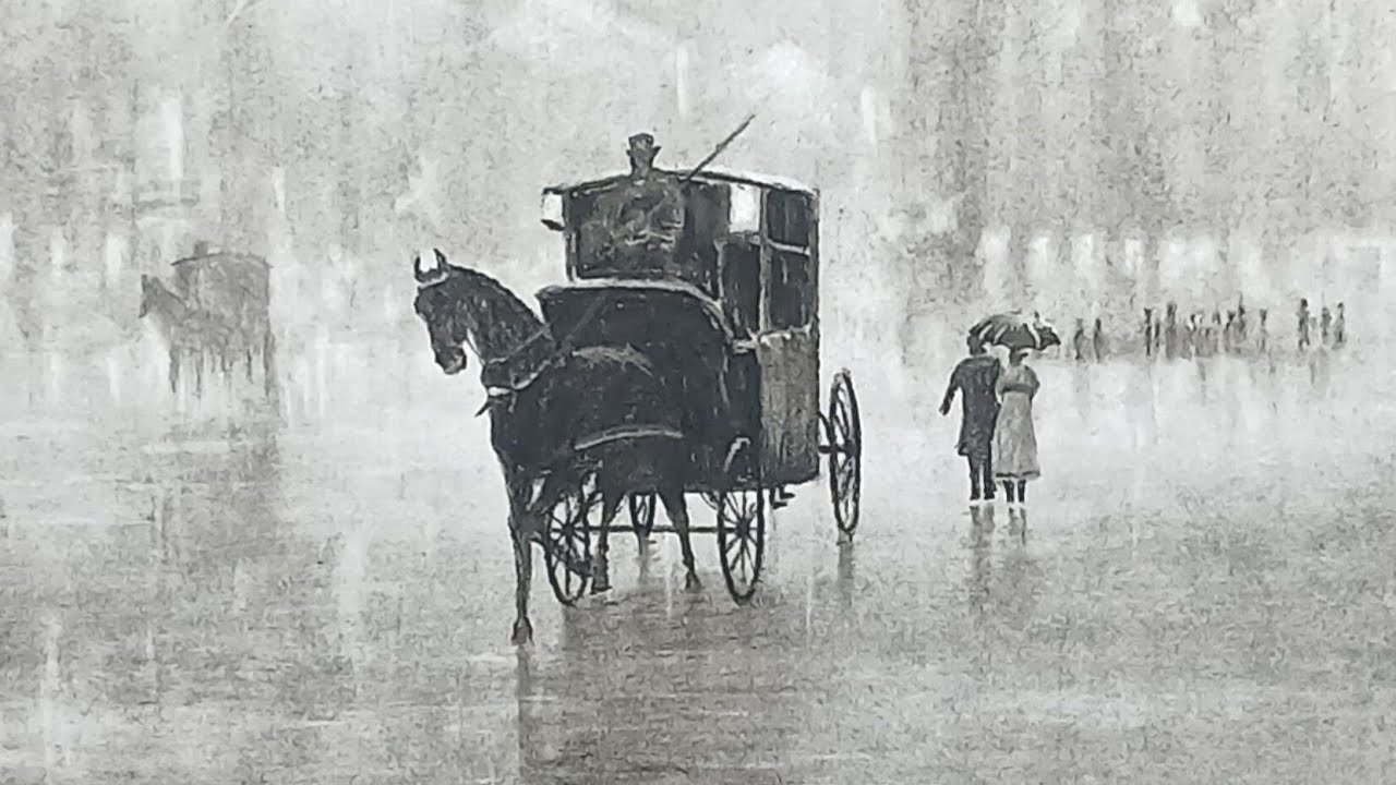 Pencil drawing of a rainy season scenery of the city.
