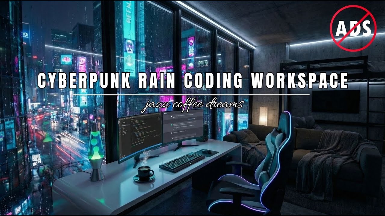 Cyberpunk Rain Coding Workspace 🌧️ Smooth Jazz Night for Focus, Coding & Deep Work