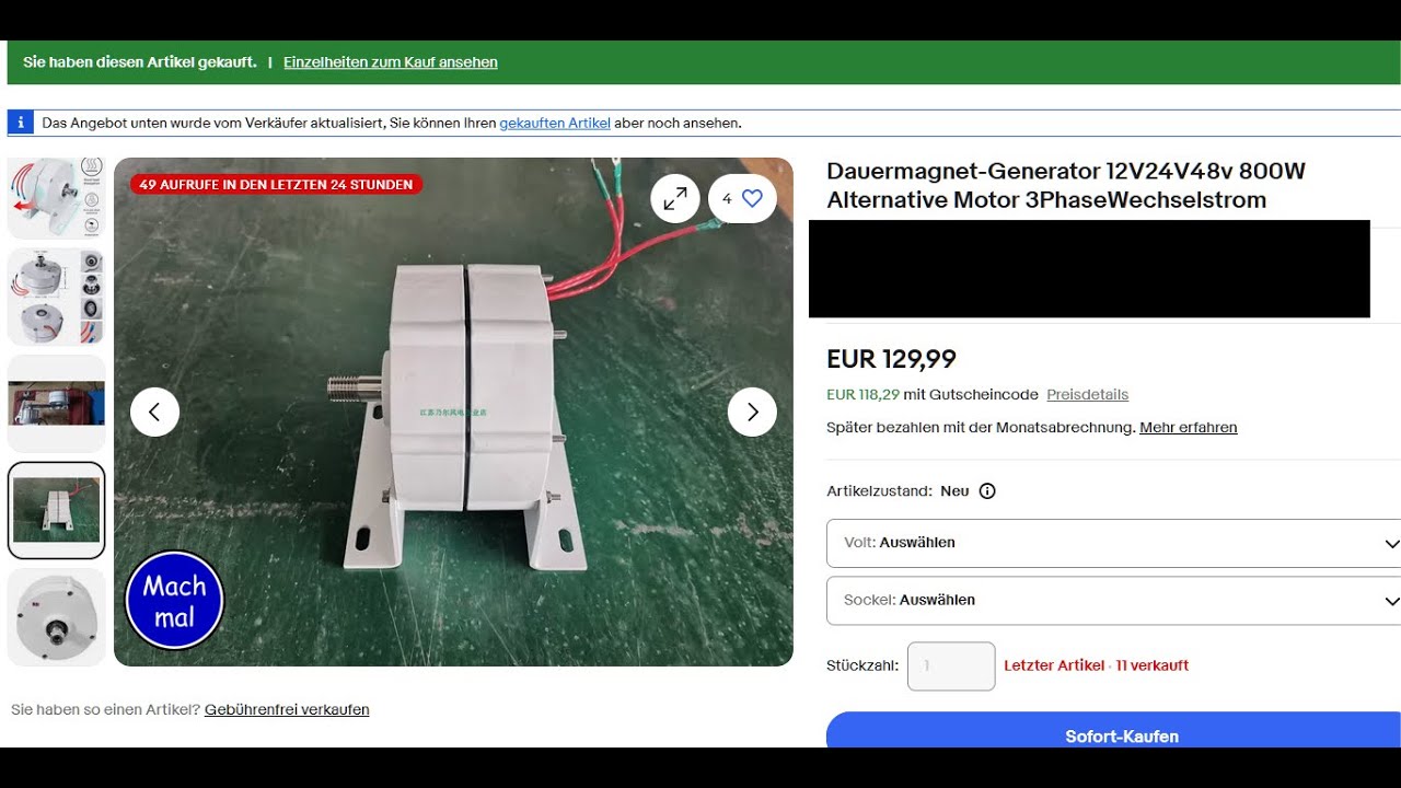 Dauermagnet-Generator 48V 800 W Test