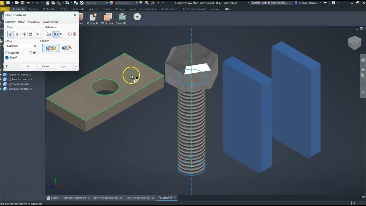 Assembly of a basic bracket using Inventor