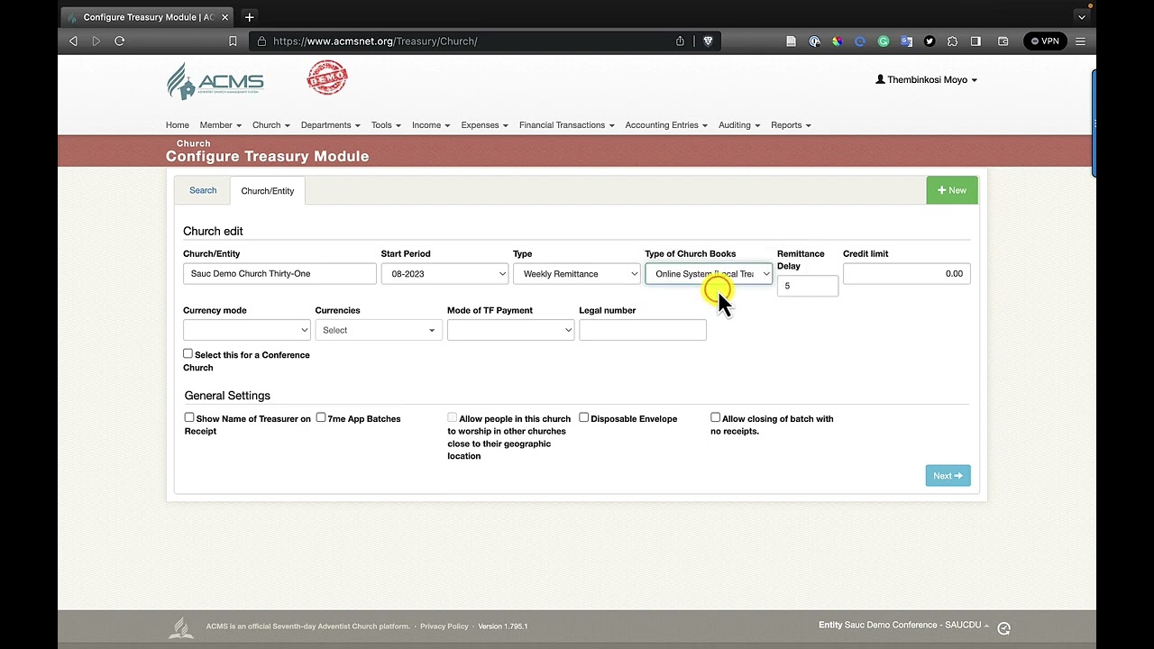 How to configure a new Church in ACMS Treasury