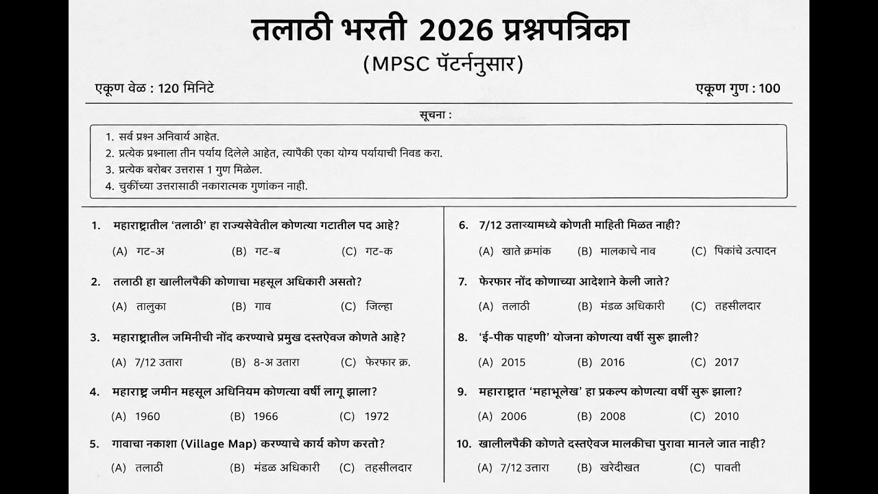 तलाठी भरती 2026 | MPSC पॅटर्ननुसार संभाव्य प्रश्नपत्रिका | Talathi Bharti 2026 Practice Set |