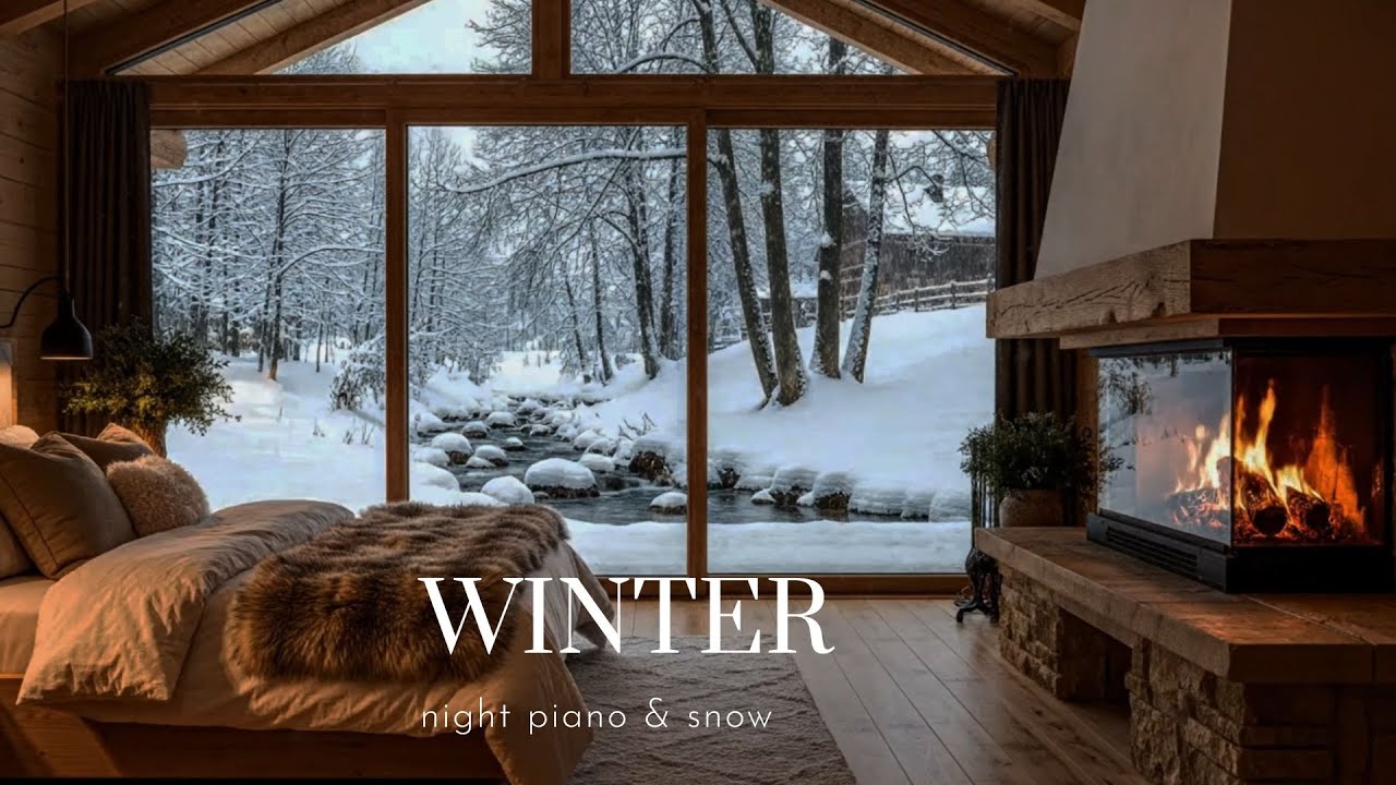 Warm Indoor Winter Scene ❄️ Snow Falling Outside the Window  Cozy Snow Ambience