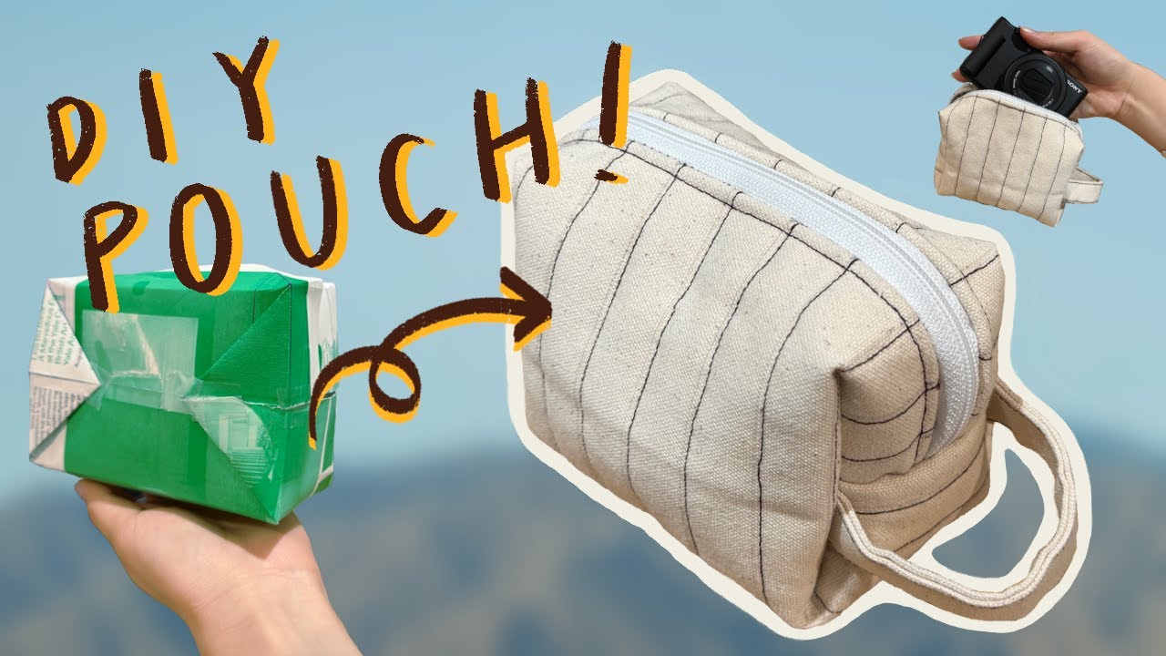 DIY canvas pouch with boxed corners, pockets, & handle! (free pattern, beginner-sewing friendly~)