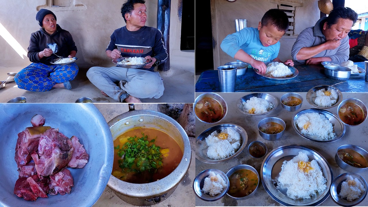bhumi kitchen's PORK beans cooker curry in their lunch in the village || Nepali village kitchen ||