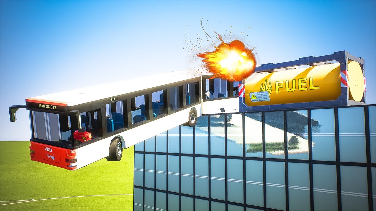Cars vs Fuel Tank On Building - Brick Rigs