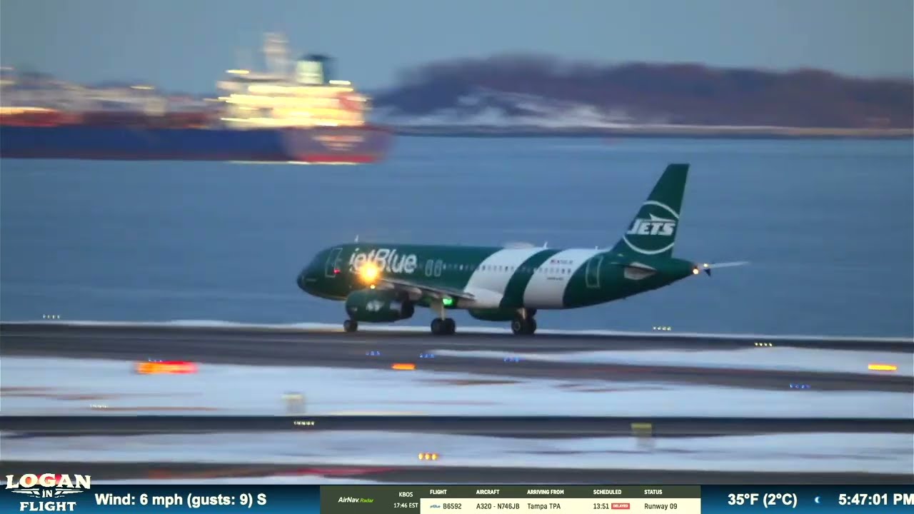 JetBlue New York Jets Special Livery Takes Off from Runway 9 at Logan Airport