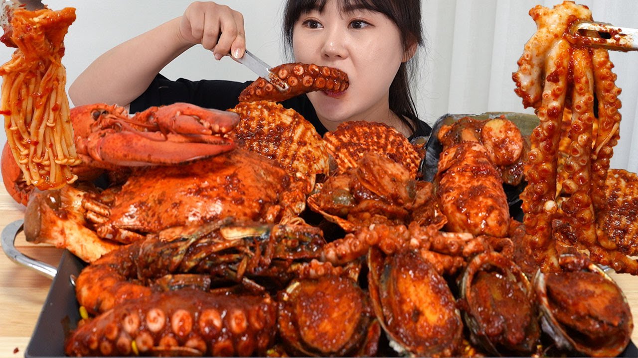 Острый мукбанг из вареных морепродуктов🦞Хэмуль джим из осьминогов, морских ушек, морских гребешков
