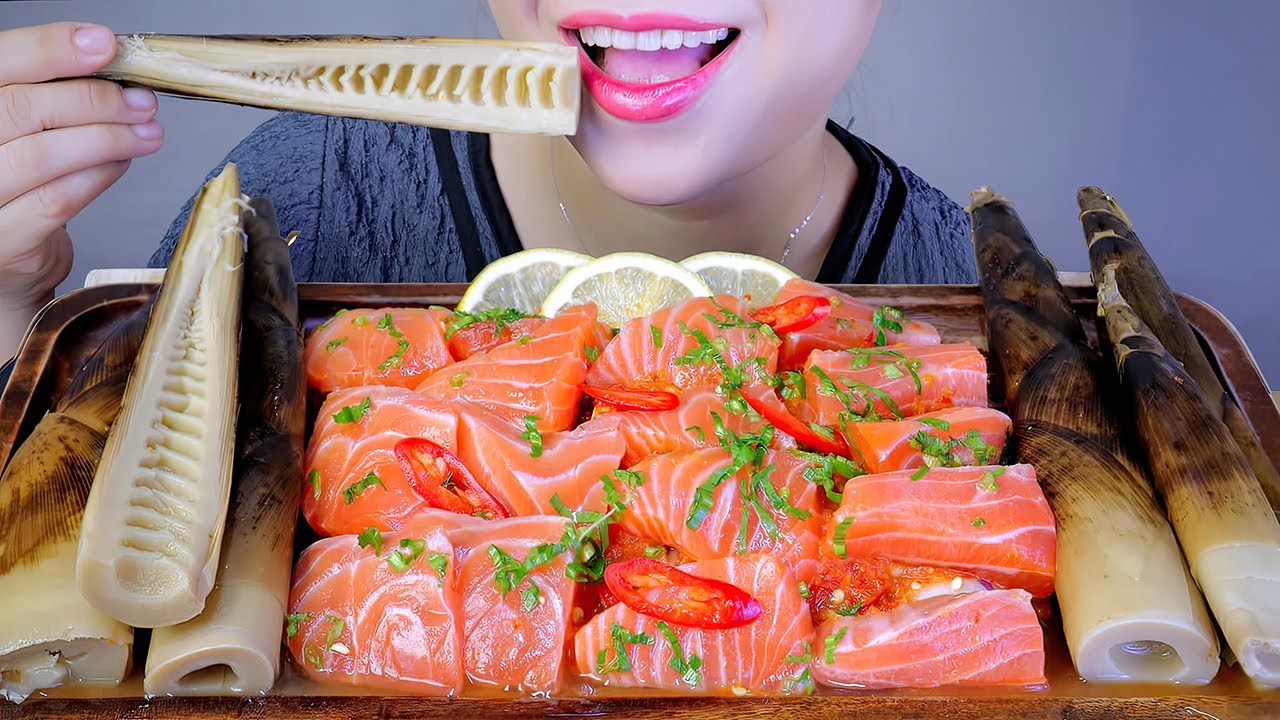 ASMR CÁ HỐI SỐT THÁI - SALMON IN THAI SAUCE, SICHUAN SPICY BAMBOO SHOOTS | LINH ASMR