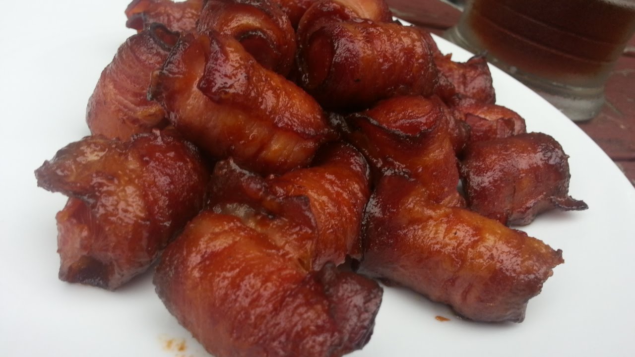 Bacon Hot Dog Bites - Game Day food on the mini Weber Smokey Mountain
