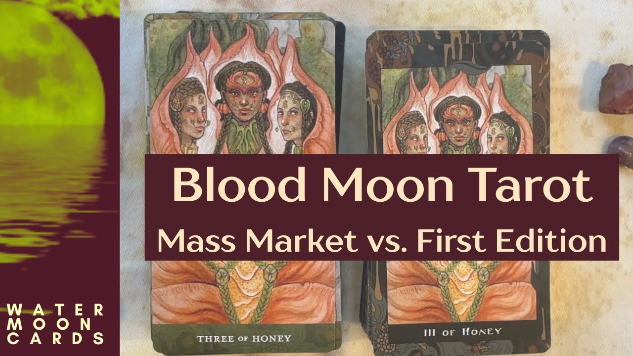 Blood Moon Tarot: first vs. second edition comparison. CW: snakes, eyeballs, moths.