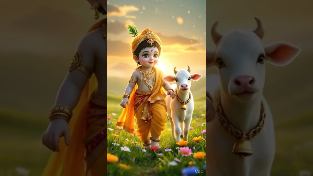 A divine baby Krishna gently walking forward 