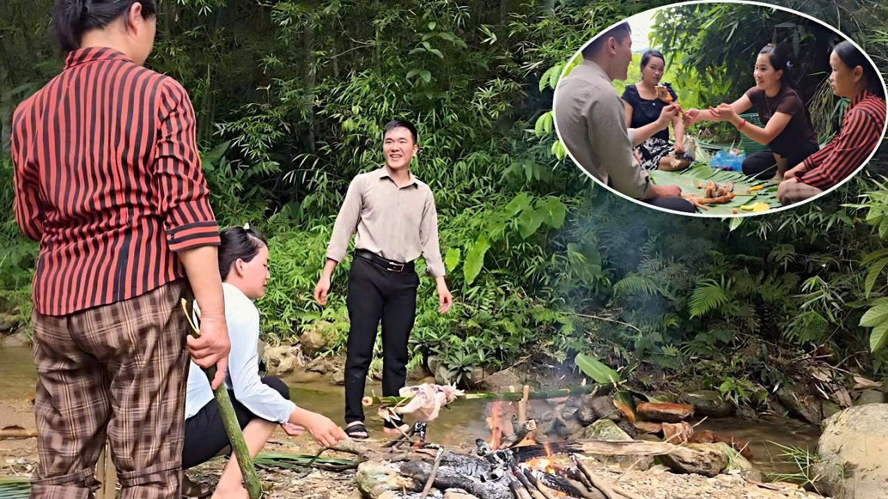 Mui took Nhat and her mother on a picnic to relax by a cool, small stream.