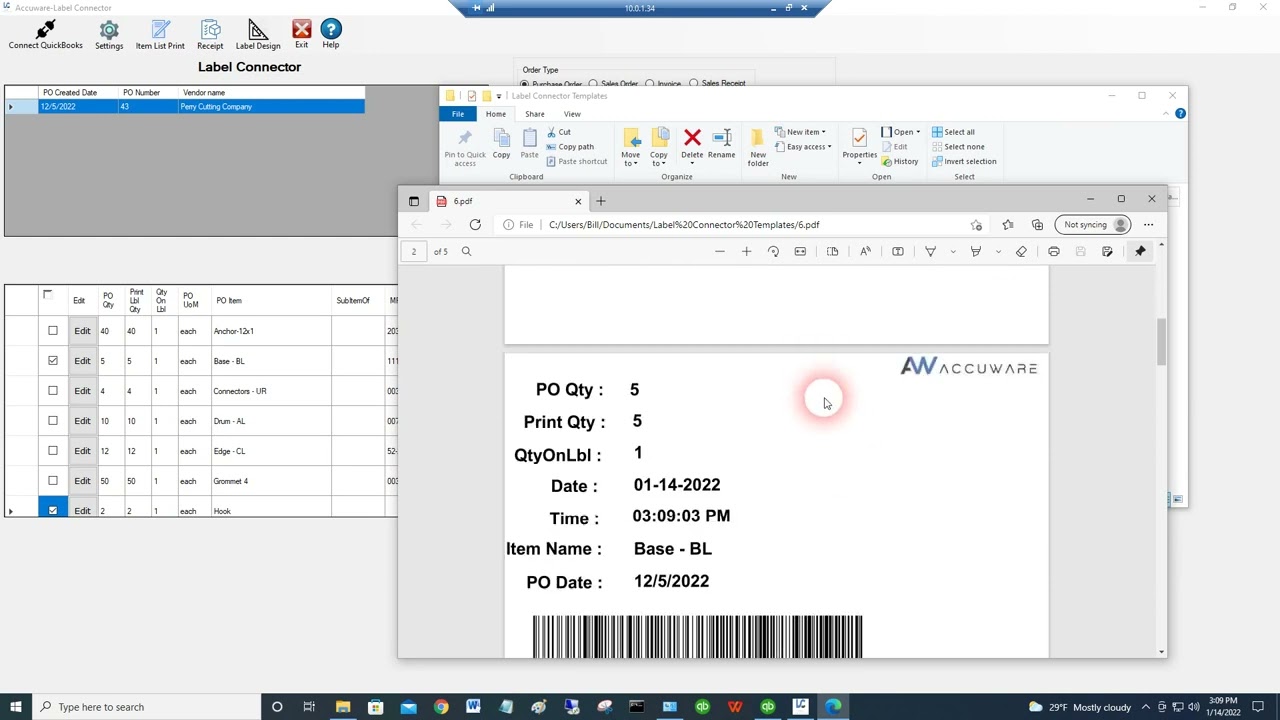QuickBooks Label Connector 2021 with Purchase Orders