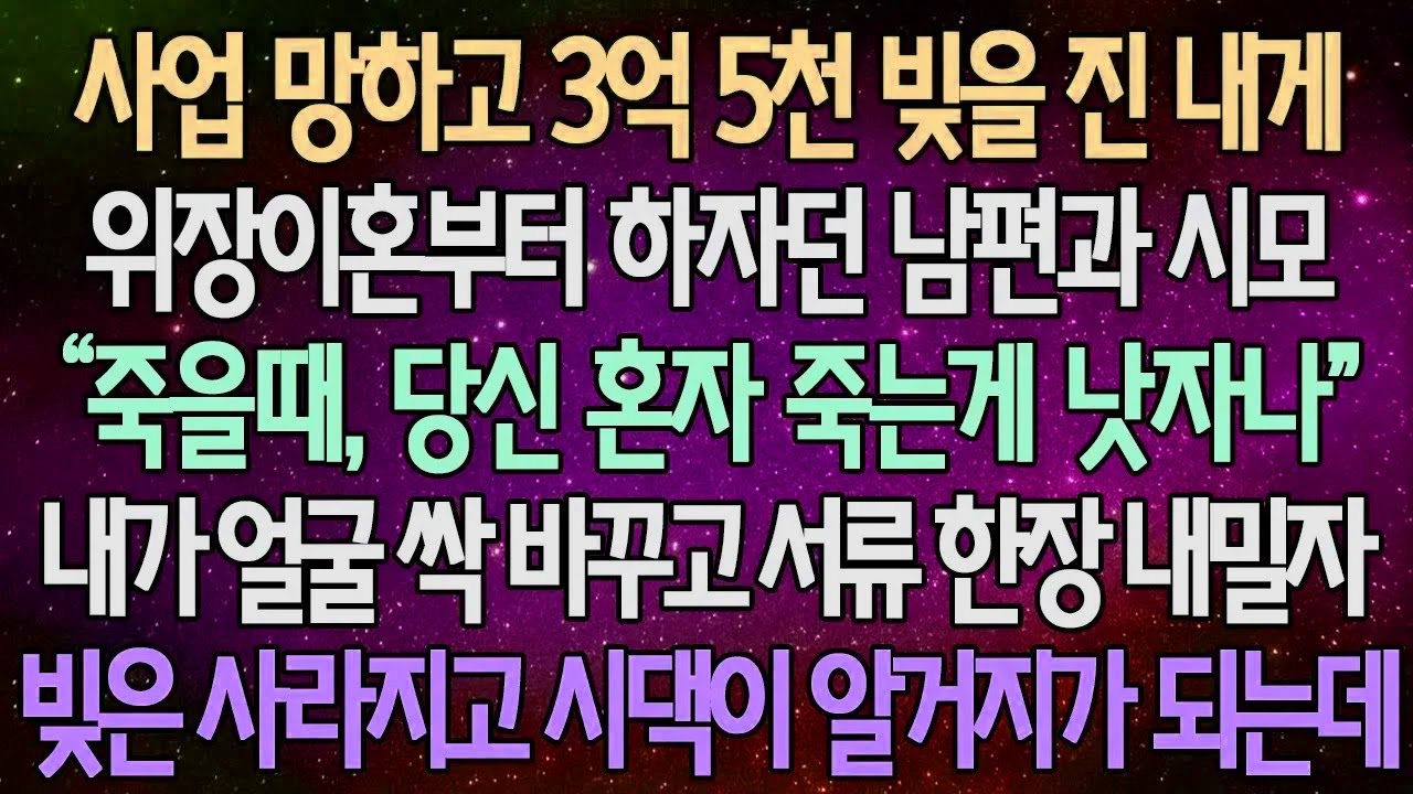 (반전 사연) 사업 망하고 3억 5천 빚을 진 내게 위장이혼부터 하자던 남편과 시모 내가 얼굴 싹 바꾸고 서류 한장 내밀자 빚은 사라지고 시댁이 알거지가 되는데 /사이다사연